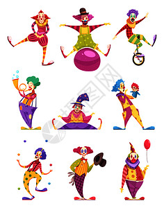 图标小丑穿着五颜六色的服装,各种元素,包括独轮车木偶球孤立矢量插图小丑图标图片