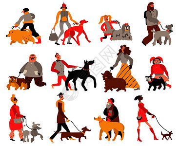 人与各种品种的狗,包括猎犬,多伯曼,狮子狗手绘矢量插图带狗的人图片