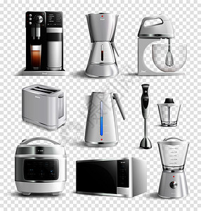 白色家用厨房电器图标现实风格的透明背景矢量插图白色家用厨房电器透明图标图片