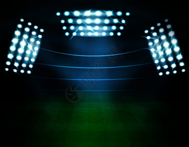 体育场与聚光灯现实成的空照明足球场体育场看台轮廓照明塔矢量插图足球场照明成图片