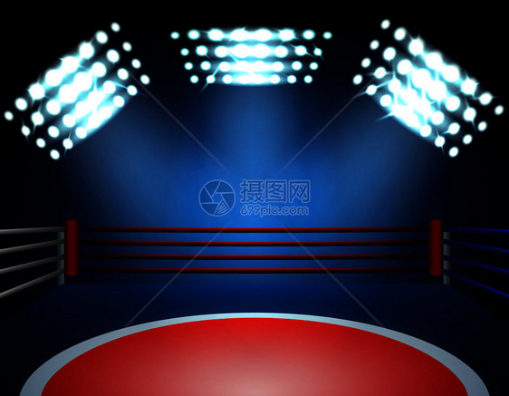 拳击环点灯的真实成三个体育场点拳击环覆盖光矢量插图拳击环形聚光灯成图片