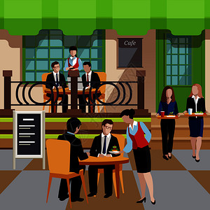 平商务午餐的人的与小吃的同事午餐时间桌子上的街道矢量插图平商务午餐人的图片