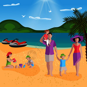人们海滩背景与热带海滩风景家庭成员的隐形人物父母与孩子矢量插图家庭休息泻湖成图片