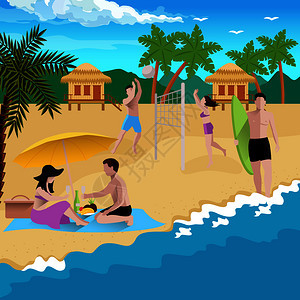 人们海滩上的构图与夏季海岸热带风光与成人矢量插图的平图像海滩背景的人图片