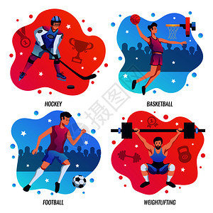 人们运动2x2与运动员参与曲棍球篮球足球举重彩色矢量插图人们体育2x2理念图片