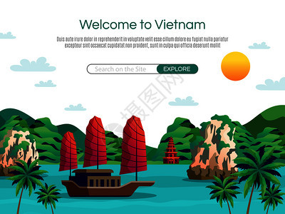 欢迎来越南卡通矢量插图演示帆船与红色帆浮哈龙湾越南矢量插图图片