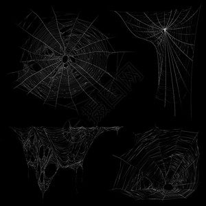 蜘蛛网缠结规则蜘蛛网4真实白色图像收集黑色背景孤立矢量插图逼真的蜘蛛网集图片