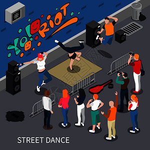 街头舞蹈表演者涂鸦背景等距构图与音频设备,观众,矢量插图街舞等距构图背景图片