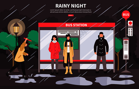 恶劣天气运输网页海报,人们公共汽车站等待雨夜矢量插图雨天公共汽车站背景图片