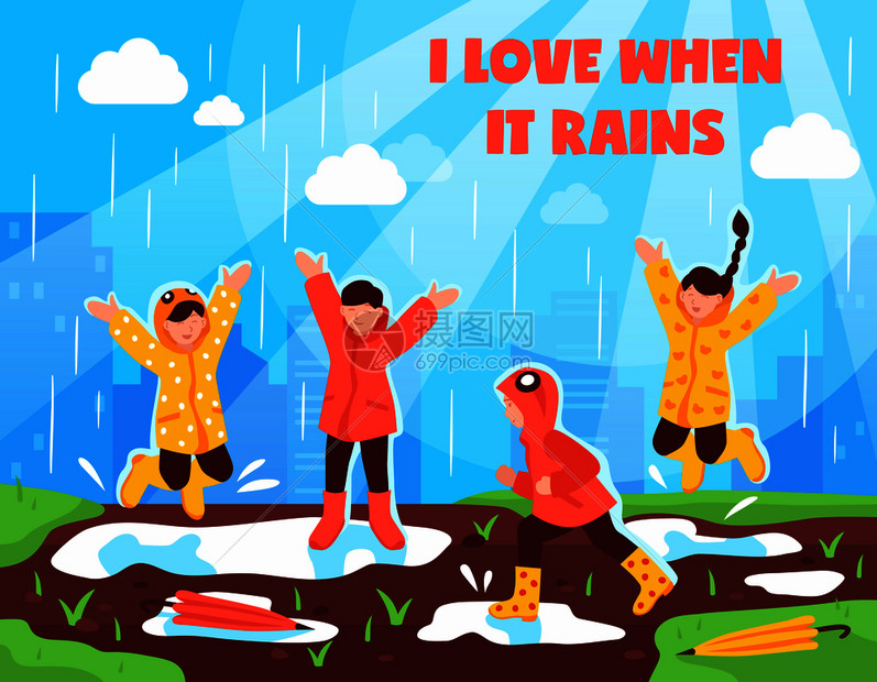 孩子们喜欢雨天海报,孩子们穿着防水的衣服,水坑矢量插图中尽情跳跃雨天儿童户外图片