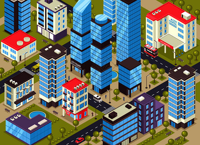 现代城市中心区等距特写与行政商业住宅设施矢量插图城市建筑等距海报图片