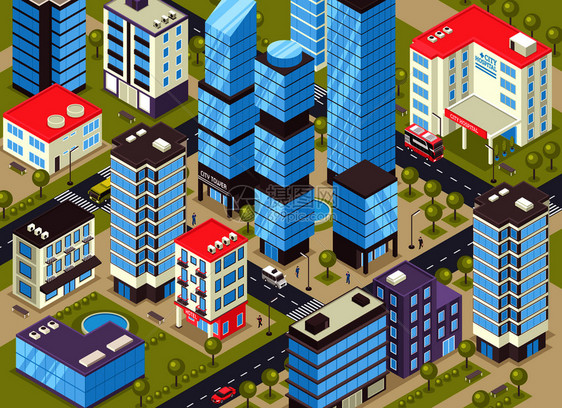 现代城市中心区等距特写与行政商业住宅设施矢量插图城市建筑等距海报图片