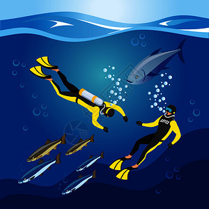 水下深度研究,潜水员带水肺设备鱼类,蓝色背景上的构图,等距矢量插图水下深度研究成图片