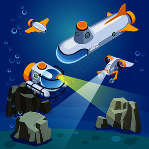 水下航行器包括无人驾驶设备潜艇,蓝色背景等距矢量插图的成水下航行器的成图片
