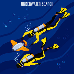 潜水员水下搜索蓝色背景时用无人驾驶设备,用气泡等距矢量插图水下搜索背景图片