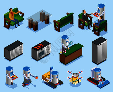 等距机器人餐厅行业成与同元素的机器人厨房矢量插图等距机器人餐厅行业成图片