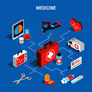 医学等距流程图与各种医疗象的蓝色背景三维矢量插图医学等距流程图图片
