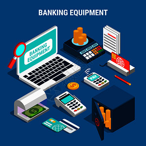银行设备,包括货币探测器,保险箱与黄金,支付卡,等距成的蓝色背景矢量插图银行设备等距成图片