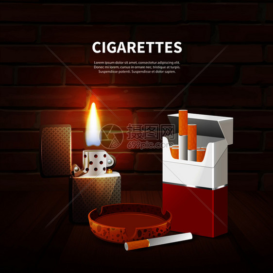 烟草现实海报与包香烟烟灰缸打火机黑暗背景矢量插图烟草现实海报图片