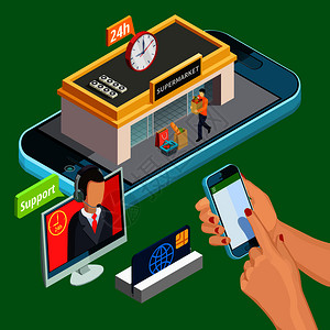 线购物与信用卡智能手机用于购买互联网等距图标矢量插图网上购物等距图片