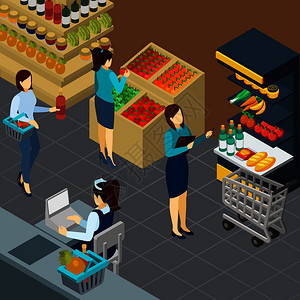 杂货店等距背景与食品柜台买家工作人员矢量插图杂货店等距背景图片