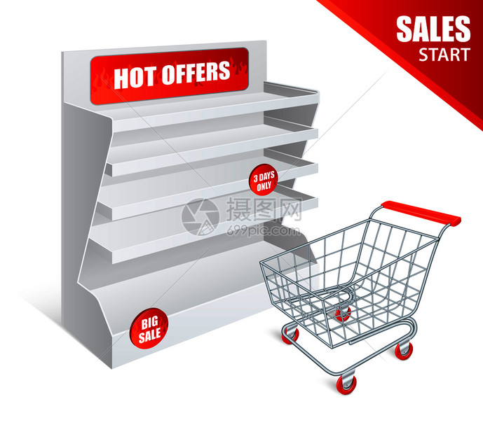 促销货白空现实模板与购物车红色热提供广告矢量插图促销货架现实图片