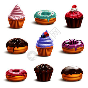 饼干,纸杯蛋糕,甜甜圈,现实的3D收集与彩色糖果产品的孤立图标与阴影矢量插图饼干糖果图标图片