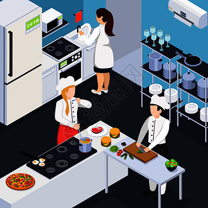 家庭工作人员等距成与人们厨房内部烹饪晚餐洗碗矢量插图家庭工作人员等距成图片