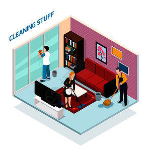 家庭工作人员等距与专业队清洁公司他们的工作,客厅矢量插图家庭员工等距理念图片