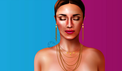 女人戴着珠宝配件蓝色粉红色背景现实矢量插图戴珠宝插图的女人图片