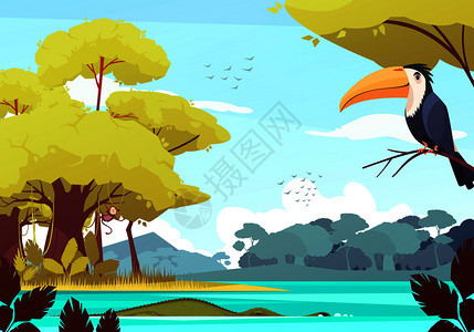 丛林景观与猴子树上,鳄鱼河流,鸟群天空卡通矢量插图丛林景观卡通插图背景图片