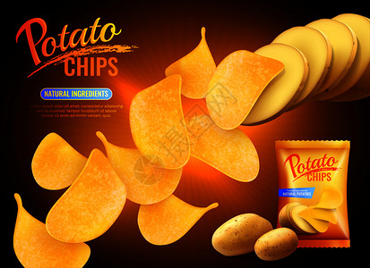 薯片广告构图与现实图像的薯片,天然土豆包装与文本矢量插图拍摄薯片广告背景图片