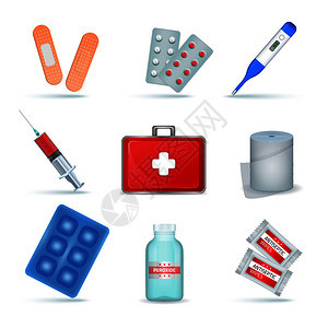 急救箱提供紧急医疗产品,逼真的与弹绷带消湿巾隔离矢量插图急救箱现实套图片