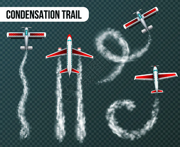 飞机各种形状的冷凝轨迹元素,真实地顶部视图,透明的背景隔离矢量插图冷凝轨迹飞机现实图片