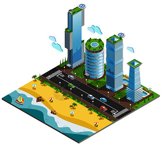 等距彩色未来主义摩天大楼成与块海洋沙滩矢量插图等距未来主义摩天大楼的成图片