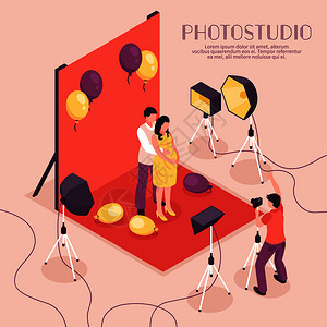 男子孕妇专业工作室3D等距矢量插图中拍照摄影棚插图图片