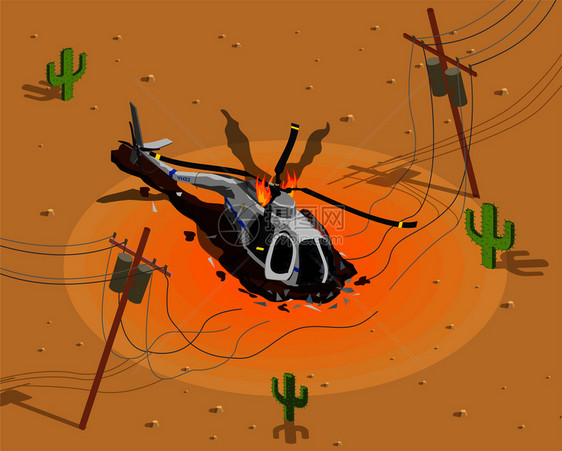 飞机直升机等距成与沙漠风光燃烧直升机附近破碎的电力传输线矢量插图直升机击落了构图图片