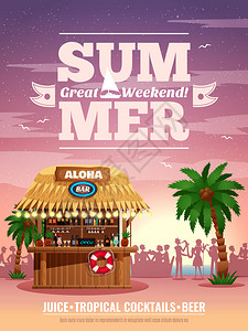 热带海滩度假别墅酒吧鸡尾酒茶点啤酒广告海报与棕榈日落游客剪影矢量插图热带酒吧广告海报图片