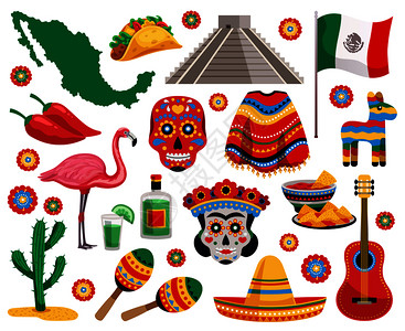 墨西哥象征文化,食品,乐器,纪念品,五颜六色的物品,收集龙舌兰,玉米饼,具,松边帽,矢量插图墨西哥符号集插画