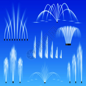 装饰室外喷水喷泉7种同形状的大小范围与蓝色背景矢量插图现实的喷泉集图片