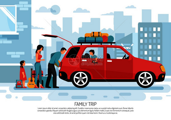轻的家庭与孩子打包汽车度假公路旅行平交通海报城市景观背景矢量插图家庭旅行汽车海报图片