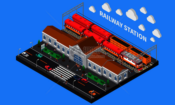 火车站等距成与货运客运列车等待出发站台矢量图火车站等距成图片