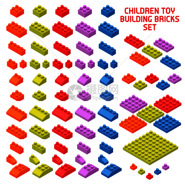 儿童玩具构造器等距件彩色积木,各种形状大小的孤立矢量插图玩具构造器等距件图片