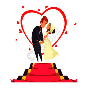 新婚夫妇新娘亲吻的基座上用红地毯装饰心卡通构图矢量插图新婚夫妇卡通作文图片