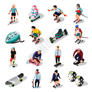 滚轮滑板等距图标集运动员运动设备元素的身体保护矢量插图滚轮滑板等距图标图片
