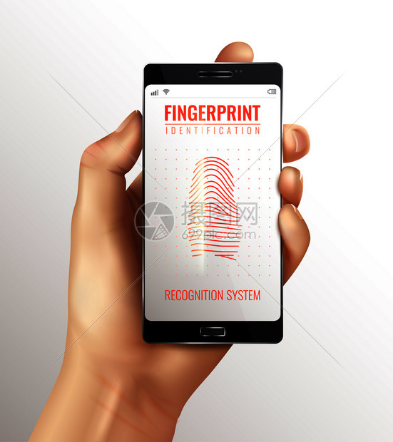 手持智能手机与指纹识别系统屏幕上的真实矢量插图指纹识别智能手机图片