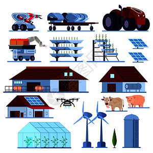 智能农业与蔬菜种植,绿色能源,无人驾驶农用车,正交平集孤立矢量插图智能农业正交平板套装图片