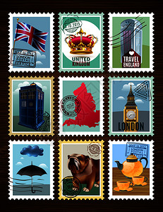 英国套海报形状的邮票与地标木制背景上矢量插图英国海报套图片