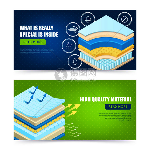 最佳床垫高质量现代材料描述2水平宣传网页横幅孤立矢量插图床垫层材料横幅图片