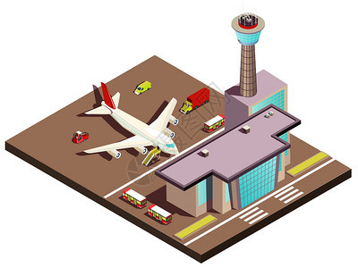 机场建筑等距与控制塔着陆飞机机场矢量插图机场等距图片